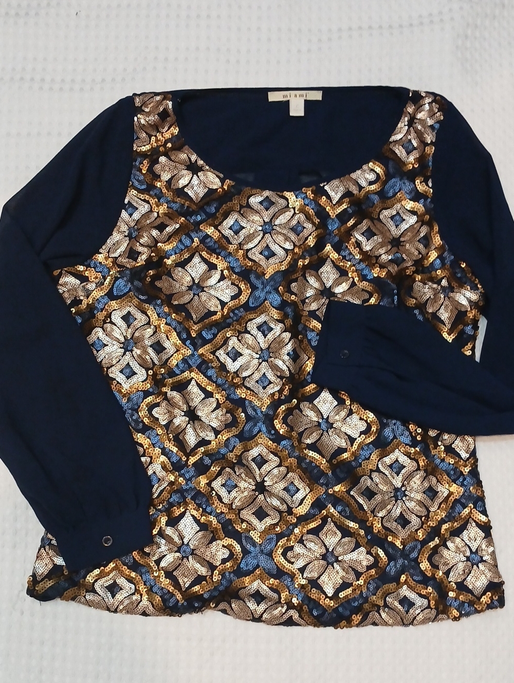 Mi Ami Women's Navy Sparkly Sequin-Embellished Long Sleeve Top Large